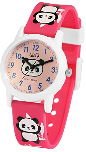 Q&Q by Citizen Kinder Armband Uhr Weiß Rosa Pink Silikon Panda Bär Motiv Junge Mädchen Kids 100M WR 10ATM 9V23A006VY