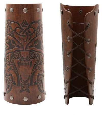HOEACXY Vintage Lederarmbänder, mittelalterliche Leder-Armschienen für Männer, Wikinger-Tiger-Armreifen, Cosplay-Zubehör, mittelalterliche Stulpen, Tiger Armschutz, Braun, common