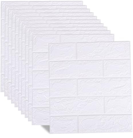 3D Wandpaneele Selbstklebend 10 Stück Ziegel Tapeten Steinoptik 35x 38.5 cm Steintapete Wandaufkleber Wasserdicht Wandtapete Klebetapete für Küche Schlafzimmer Badezimmer Wohnzimmer (Weiß)