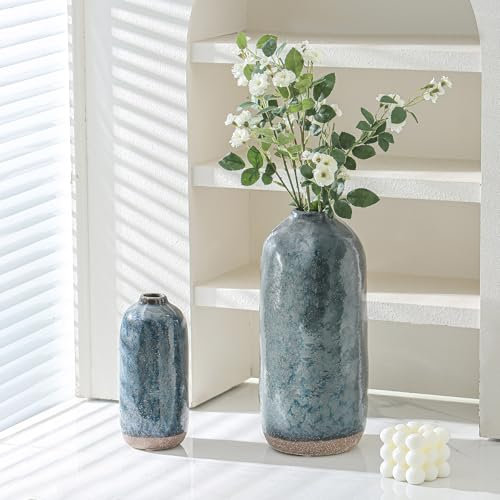 Uiddo Blumenvase, grau-blaue Keramikvasen, 2er-Set, Blumenvase für Heimdekoration, dekorative Vase für Pampasgras, Boho-Dekovase für Zuhause, Wohnzimmer, Esstisch, Bauernhaus, Bürodekoration