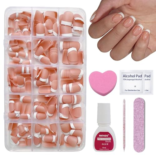 DMQ French Press on Nails, 240Pcs Square False Nails Short, White Tip Nude Color French Fake Nail Kit, Full Cover Matte Stick on Nails with Glue for Women Girls Nail Art Manicure Decorations