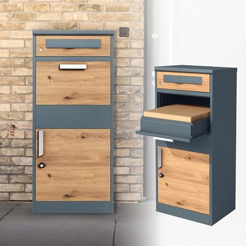 ML-Design Boîte aux Lettres pour Colis, Acier Galvanisé, Anthracite/Brun Aspect Chêne, 50x112x37cm, sur Pied, Verrouillable avec 2 Clés, Boîte Postale Moderne, Autoportant, Fente pour Lettres/Paquets