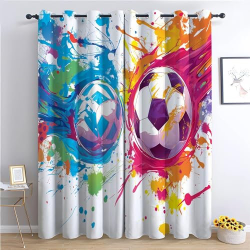 CozyRest Blickdichte Vorhänge ösen 2er Set Farbenfroher Fußball Muster Gardine Lichtundurchlässig Fenstervorhang Wohnzimmer Schlafzimmer Graffiti H160 x B70cm