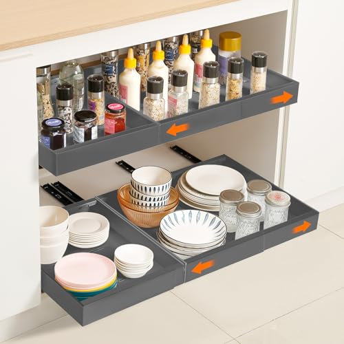 NAYAHOSE Pull Out Cabinet Organiser, Extendable Slide Out Kitchen Storage Drawer Shelf, Drawers Cabinet Basket with Handle for Kitchen Bathroom, No Need Drill and Nailing(Grey, Range 32-48cm)