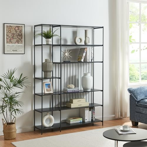 [en.casa] Bücherregal Rælingen offener Bücherschrank mit offenen Fächern 180 x 120 x 33 cm Wohnzimmer Stauraum Metallgestell Standregal Schwarz