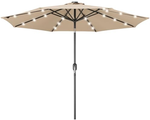 BAKAJI Ombrellone da Giardino Diametro 270 cm con Luci Led e Sistema Antivento, Parasole da Esterno con 8 Ribs Stecche, Airvent, Ideale per Bar, Ristorante, Patio, Balcone, Apertura Manovella (Ecru)