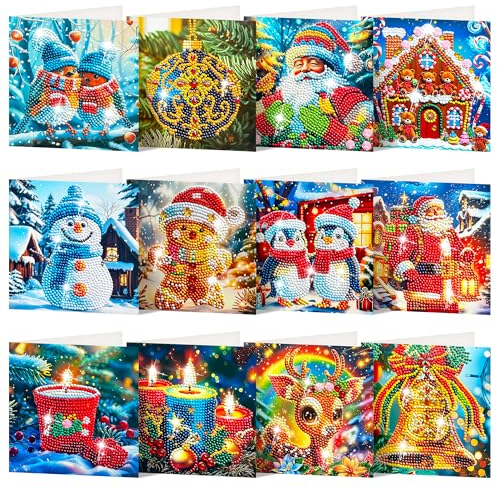 SHEPIN 12 Stück Diamond Painting Weihnachtskarten, 5D Diamant Painting Weihnachten Karten mit Umschlag, Diamond Painting Postkarten Grußkarten Weihnachten Geschenk für Freunde und Familie