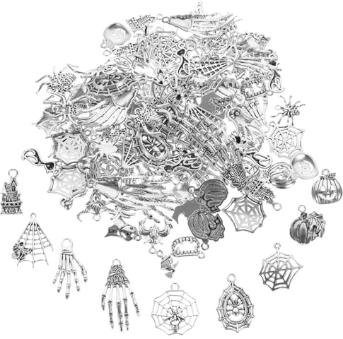 Tofficu 100pcs Antiqued Silver Halloween Charms Pendants, racelet Necklace Pendant, Charms for Bracelets, Silver Pendant, Halloween Bulk Gothic Style Spiders for Jewelry Making