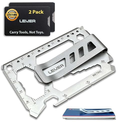 Lever Gear Toolcard Pro, mit Geldklammer, 40-in-1-Kreditkarte, Multitool-Karte, schlanke, minimalistische Edelstahl-Brieftaschenkarte und Geldklammer (Silber, 2er-Pack)