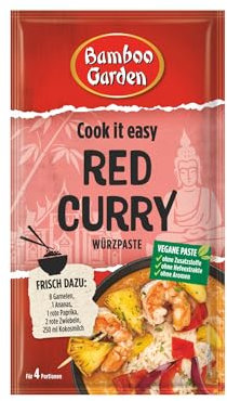 Bamboo Garden - Red Curry Würzpaste | Zum Zubereiten von rotes Thai Curry | Für 4 Portionen | Vegan, natürliche Zutaten | 45 g im Beutel