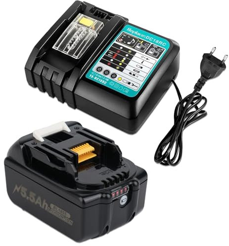 5,5 Ah Ersatz-Akku für Makita 18V Akkus mit DC18RC Ladegerät Kompatibel mit BL1860 BL1860B BL1850 BL1850B BL1840 BL1840B BL1830 BL1830B BL1815 BL1825 BL1835 BL1845 194205-3 194309-1 LXT400
