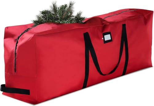 Christmas Tree Storage-Heavy-Duty 600D Oxford Fabric, Triple Reinforced Handles, Double Zipper & Card Slot - Fits Up to 9ft Trees, Protects from Dust & Moisture Red