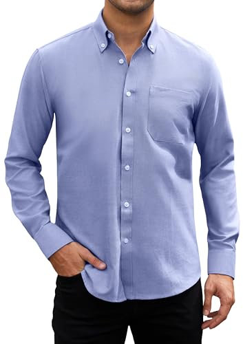 HISDERN Mens Long Sleeve Oxford Shirts Blue Casual Smart Shirt for Men Formal Business Shirt with Pocket Regular Fit L