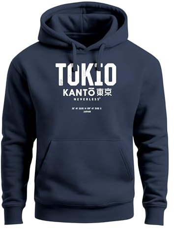Neverless® Hoodie Herren Frontprint Tokyo Japan Japanische Schriftzeichen Grafik Print Fashion Streetstyle Männer Navy M