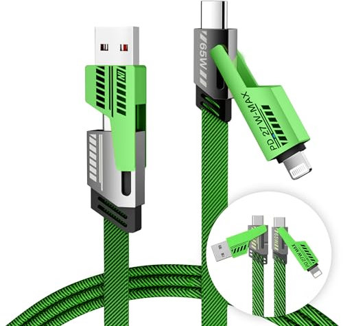 Treasured Tech 4 in 1 Multi Charger Cable | 65W Fast Charge USB A/C to Lightning & USB C | 5FT Nylon Braided for iPhone 16-12 Pro Max, MacBook, Samsung Galaxy, iPad, Laptop, Green