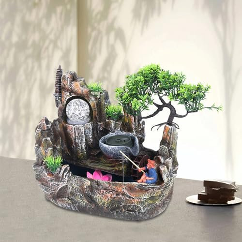 Zimmerbrunnen Wasserfall Brunnen Pflanze Desktop Ornament Decor Gartenbrunnen Groß Cascades Mit Led Beleuchtung Deko Wohnzimmer Tischbrunnen Bonsai Ornamente Fengshui Wasserspiel Dekor Grün Braun