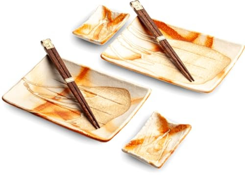 WESTCRAFT Juego de vajilla para sushi, 6 piezas, juego de sushi para 2 personas, platos de sushi, cuencos y palillos en diferentes diseños asiáticos, fabricado en Japón (bronce)
