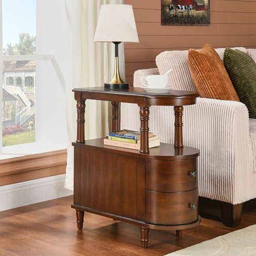 Holz Beistelltisches mit 2 Schubladen und Ablage, Schmaler Sofa Beistelltisch für Wohnzimmer, Vintage Slim Nachttisch Nachttisch für Schlafzimmer, Schlanker Stuhl Beistelltisch Kirsche Nussbaum