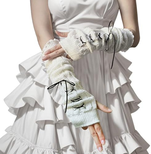 CIATBYYJ Arm Warmers Harajuku Accessories - Y2k Harajuku Japanese Style Long Fingerless Gloves for Women Girls, Cold Weather Cute Fashion Lotila Arm Sleeve Thumb Hole Gloves (15.7Inch)(White)