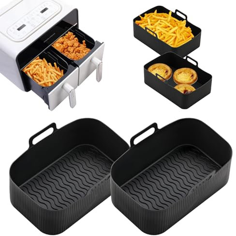 2Pcs Silicone Air Fryer Liners for Ninja Air Fryer Dual AF300EU AF400EU, Reusable Air Fryer Silicone Liner, Rectangular Airfryer Silicone Pot Baking Tray Non-Stick for 8L Dual Air Fryers