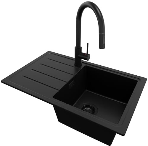 PRIMAGRAN Granitspüle ab 45er Unterschrank + Küchenarmatur, 70x44cm | Set: Küchenarmatur BW9010 + Ablauf-Set + Spülbecken 1 Becken - Kopenhagen Easy, Alles Schwarz