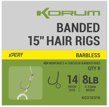 Korum 15 Banded Hair Rigs Barbless | Qty 8 | Coarse Fishing Hair Rigs for Big Fish | Strong Hooks | Heavy Line | Robust Hair Bands