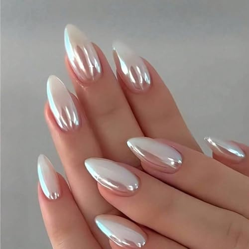 LunarCharm Ongles Aurora blancs, forme amande moyenne, à presser, taille moyenne, ongles artificiels, forme amande, blanc brillant, couverture complète