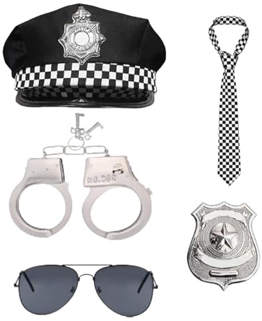 GWAWG 5pc Police Costume for Children, Adults Including Police Hat, Black Sunglasses,Checked Fancy Dress Tie, Metal Handcuffs with Keys and Police Badge for Carnival Detective Dress Ups Halloween Cos