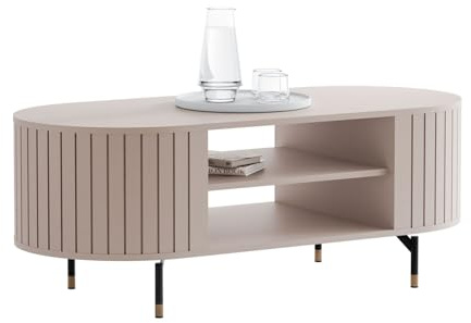 Lookway Couchtisch Elodie 104×47×56 cm – moderner Sofatisch mit Ablage, vertikalen Fräsungen, abgerundeten Seiten & Metallfüßen, Elegantes Design für Wohnzimmer (Kaschmir)