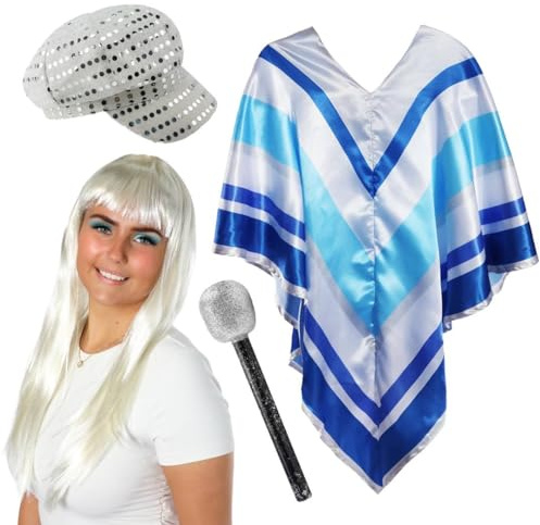 Pop-Star-Zubehör-Set für Erwachsene, 70er-Jahre-Poncho, blau-silber gestreifter Poncho, platinblonde Perücke, silberfarbener Pailletten-Hut, Kunststoff-Mikrofon, für Damen und Damen