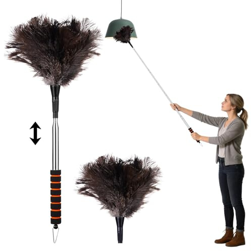 Vicloon Spolverino con piume di struzzo,Spolverino estensibile con piume di struzzo fino a 150 cm,Manico in Acciaio Inossidabile, Antistatico, Lavabile,per Soffitti, Ventilatori da SoffittoMobili