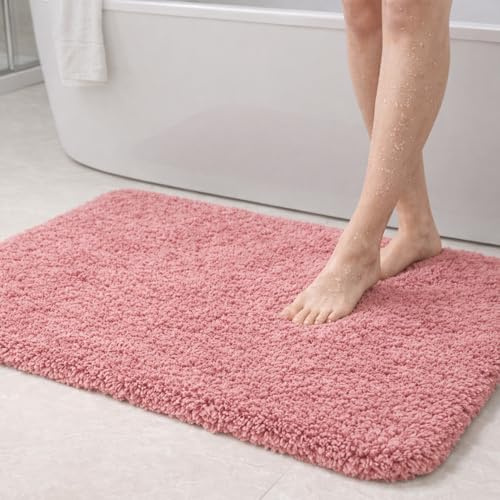 PUFFMAT Mikrofaser-Badematte 90 x 60 cm, Rosa, saugfähige Badematte mit weichem Plüschflor und TPR-Rückseite, maschinenwaschbare Badematte für Dusche, Badewanne, Toilette und Gästebad