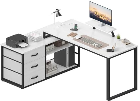 TRIUMPHKEY Schreibtisch mit 3 Schubladen, 140 x 100 x 75 cm, Eckschreibtisch mit Regalen, umkehrbar in L-Form mit 2 USB-Ladeanschlüssen und 2 Steckdosen, Schreibtische für zu Hause, Grau