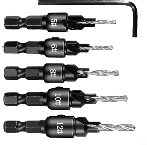 Lapiglo 5-teiliges HSS-Bohrer-Set mit 6,35 mm Sechskantschaft, verstellbare Tiefe Holzschrauben #5-#14, inklusive Schraubenschlüssel (5–12)