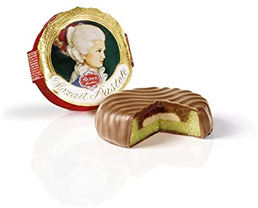 Reber Constanze Mozart-Pastete, Alpenmilch-Schokolade, Honig-Sahne-Trüffel, Nougat, Pistazienmarzipan, 9 Stück