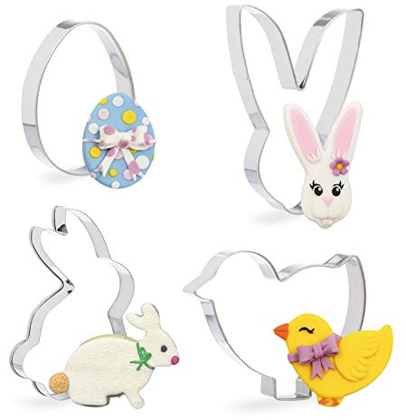 Invero® 4 Pack Easter Cookie Cutter Set with Bunny Chicken Egg Chick Rabbit Shapes Fondant Biscuit