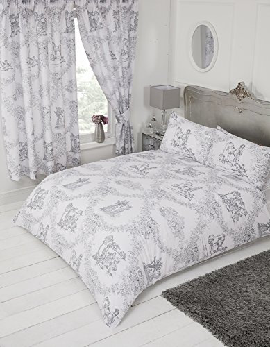 My Home Double Bed Toile De Jouy Grey, Duvet/Quilt Cover Bedding Set, Traditional Floral Damask Country Design