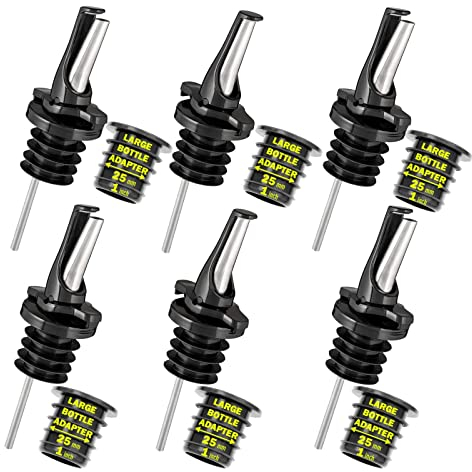 Poura Vertedores de Botellas con Tapón Antigoteo para Alcohol, Vino y Aceite - Mantiene Los Productos Fresco,Sin Oxidación. con 6 Adaptadores para Botellas Cuello Grande - Negro 6pk