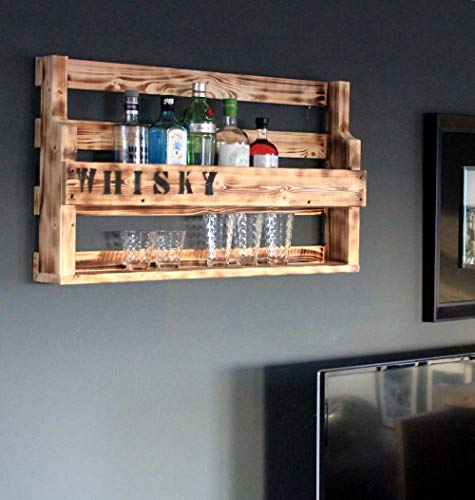 Mensola per whisky in legno - con portabicchieri e scritta WHISKY - fiammata - stile industriale - pronto per il montaggio - bar a muro - mensola per whisky in legno