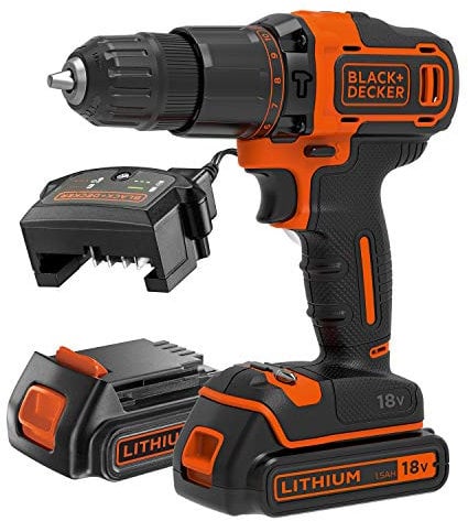 BLACK+DECKER 18 V Cordless 2-Gear Combi Drill with Kitbox and 2X 1.5 Ah Lithium Ion Batteries