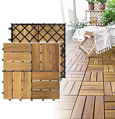 NAIZY Piastrelle in legno in legno di acacia 30x30cm piastrelle per pavimenti balconi con drenaggio e piastrelle a incastro per balconi con terrazze da giardino (Modello B, 11 pezzi | 1 m²)