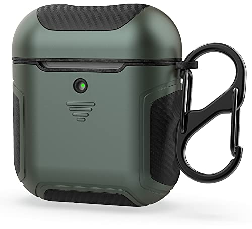 ORETECH Compatibile con Cover Airpods, Custodia per Airpods 1 e 2, Heavy Duty Airpods(1&2) Protettiva 2in1 Ibrida Silicone Gomma e Fibra di Carbonio Hard PC per Airpods 2,1 (LED Visibile)- Verde Scuro