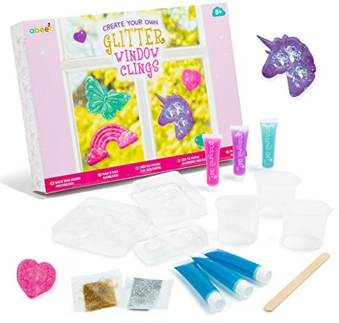 abeec Create Your Own Glitter Window Art for Kids – Make Your Own Window Stickers: Unicorn, Rainbow, Butterflies and More - Gel Window Clings Decorations – Craft Gifts for Girls