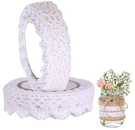 Yunzen 2Rollen Spitzenband Weiß Vintage Selbstklebend Deko Banderolen Spitze Spitzenbordüre Zierband Spitzenborte Spitzenbesatz Dtoffband Dchleifenband Hochzeit 3Mx15mm für Scrapbook Basteln Geschenk