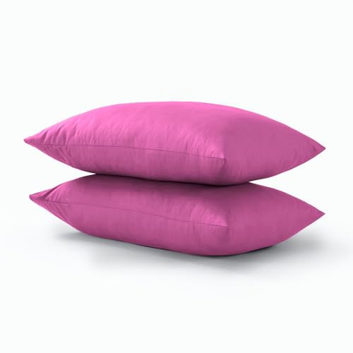 CHARKHAH Pair of Polycotton Standard Housewife Oxford Pillowcases and 100% Cotton Flannel Jersey Pillow Covers Protectors Dyed in Trendy Colors, Size 50 cm x 75 cm (Housewife Pack of 2, Fuchsia-Pink)