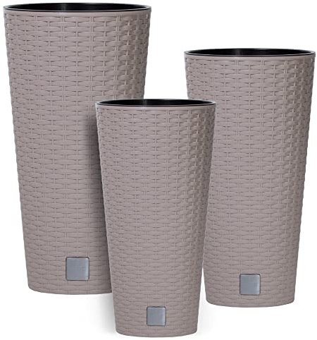 botle 3 stck Blumentopf Rattan Hohe Verschiedene Größen H 47+57+76 cm Mokka Einsatz Kunststoff mit Pflanzeinsatz Rund