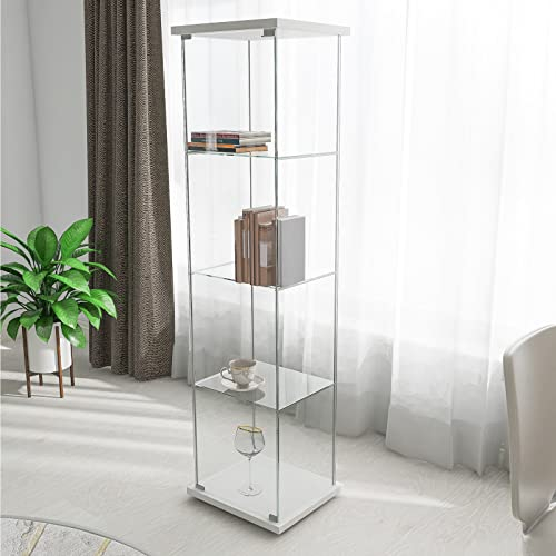 HUMNZR Vitrine contemporaine en Verre à 4 étagères Transparente avec Porte, vitrine de Collection d'armoires, Armoire d'angle étagère au Sol pour Salon Chambre Bureau à Domicile,White