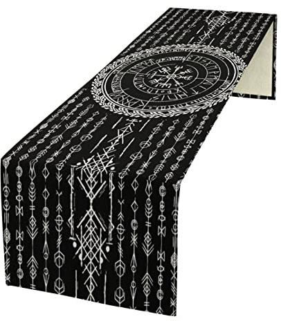 kikomia Baumwolle Leinen Wikinger Tischläufer Rechteckige Wikinger Futhark Runen Tischdecke Kommode Schal für Hochzeiten Party Urlaub Tischdekoration Abdeckung Tischplatte (33×91cm, White)