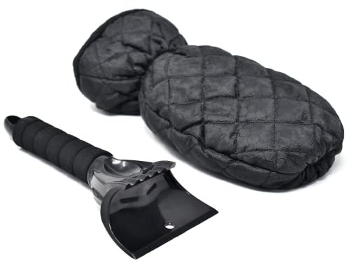 Eiskratzer Auto mit Handschuh, Windschutzs EIS Entfernung mit Wasserdichten Fleecegefüttert Handschuh, Schneeschaufel für Auto, Winter Eisschaber mit Schaum Griff (Schwarz, Eiskratzer + Handschuh)
