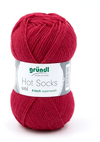 Sockenwolle 4fädig uni rot 50g | Gründl Hot Socks 4-fädig einfarbig | Strumpfwolle Sockengarn (4ply, 4fach) | 75% Wolle 25% Polyamid | Socken stricken und häkeln (34 - karminrot)